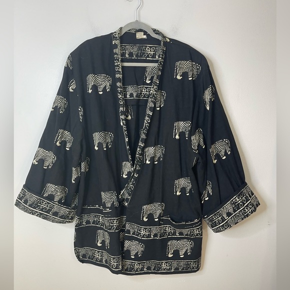 American Vintage Jackets & Blazers - Vintage Boho Mudcloth Robe Poncho Kimono Safari Zebra Black Heavyweight Cotton L